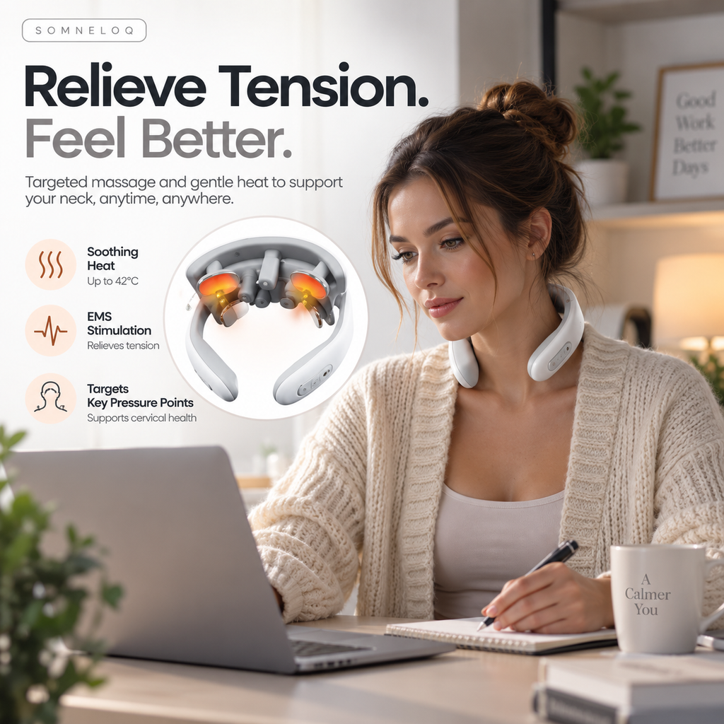 Somneloq V3 wrap worn at a desk in a softly lit room